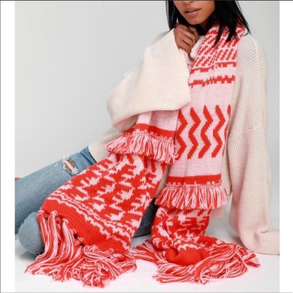 Free People Mile High Print Fringe Scarf Orange - Picture 3 of 9